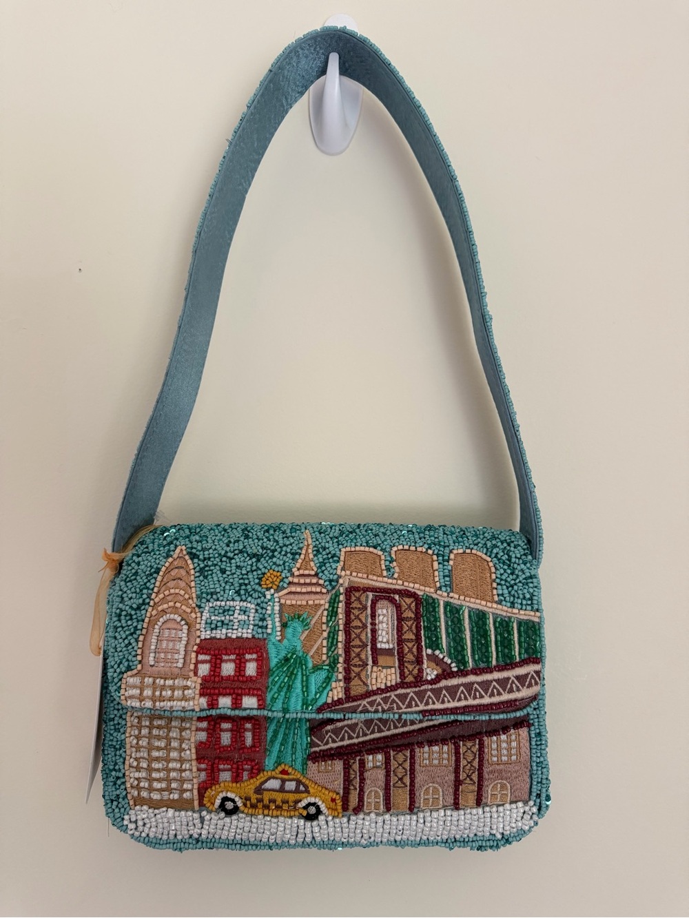 New York Skyline Cityscape Beaded Teal Bag Taxi